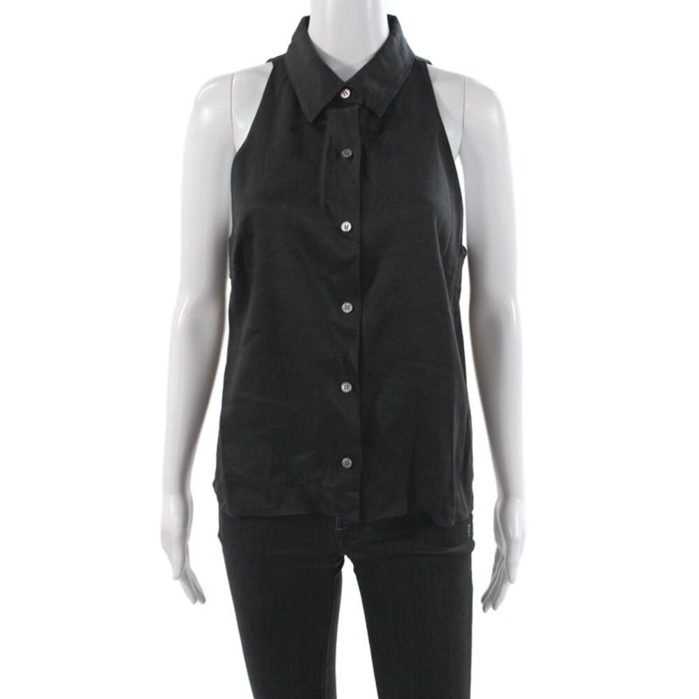 Theory Women Collared Sleeveless Button-Up Linen Top Black Size L